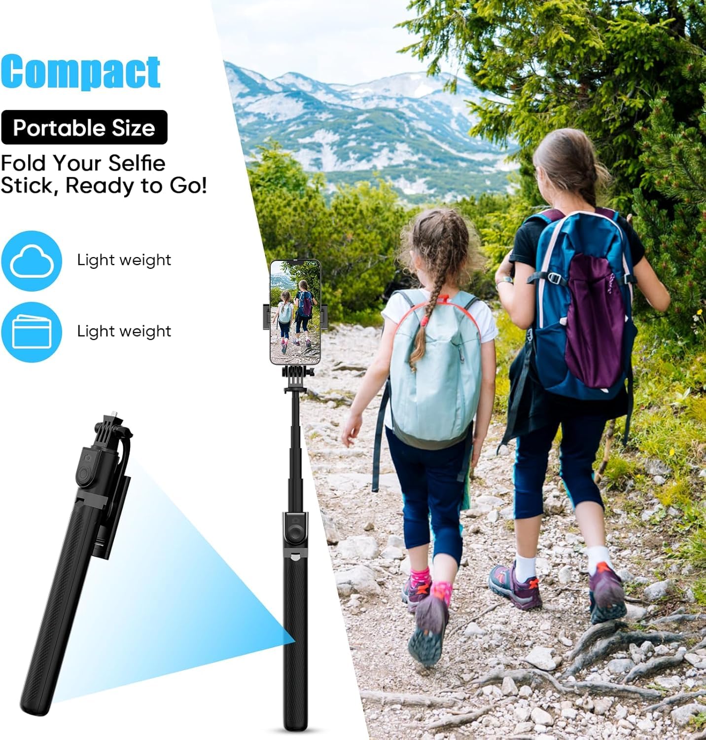 EYUVAA Portable Selfie Stick Tripod with Remote, Foldable & Extendable 70 inch/5.9 Feet Long Stick with 360° Rotation for Travel, Vlogging Compatible with All Smartphones