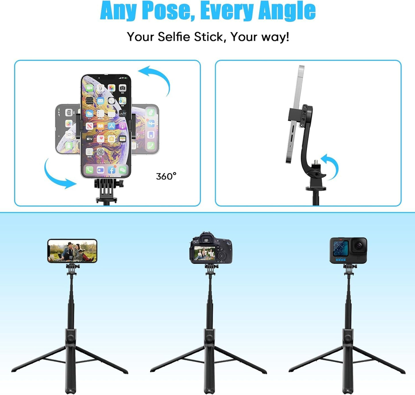 EYUVAA Portable Selfie Stick Tripod with Remote, Foldable & Extendable 70 inch/5.9 Feet Long Stick with 360° Rotation for Travel, Vlogging Compatible with All Smartphones