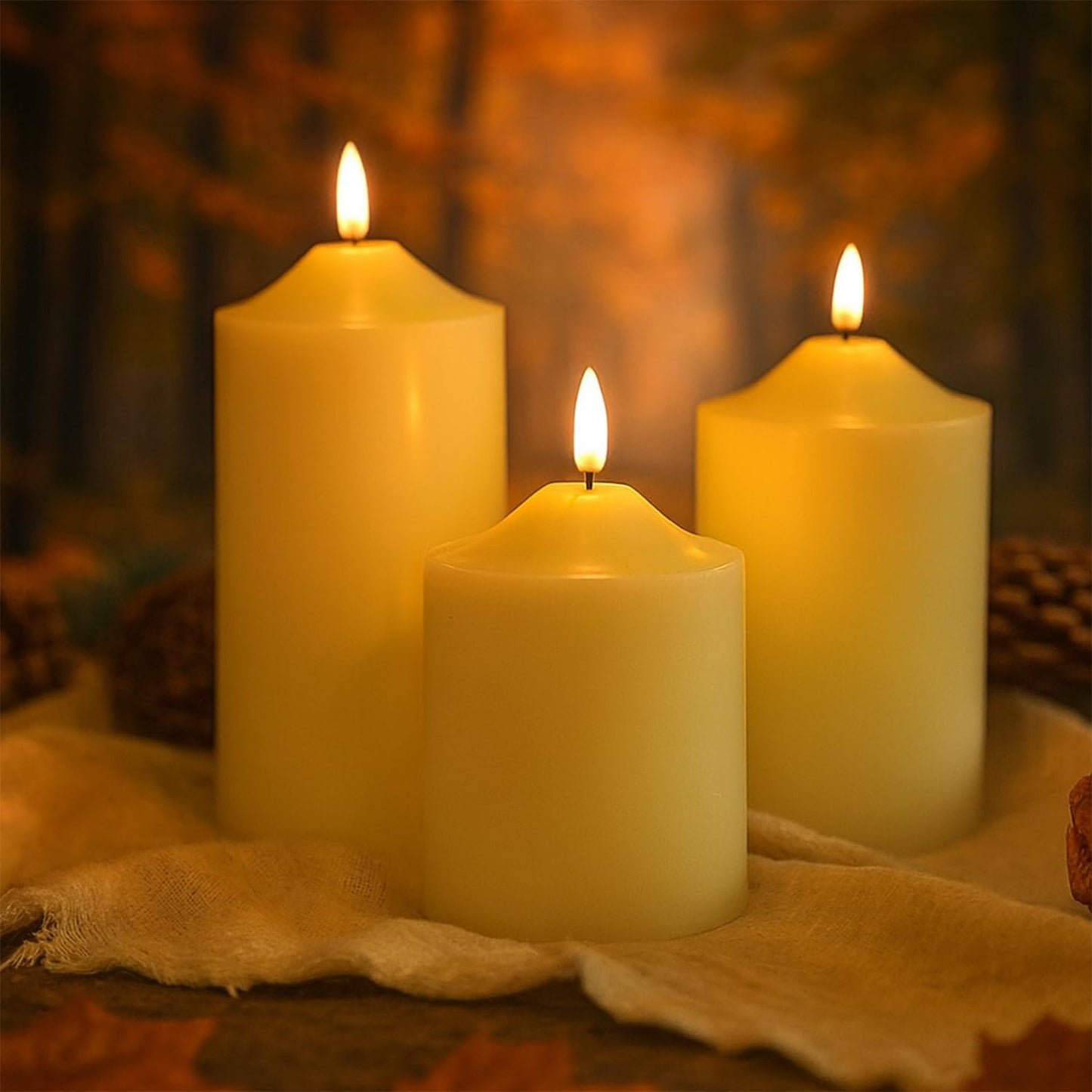EYUVAA 3D Flameless LED Pillar Candles| Realistic Flameless and Flickering Effect Candle| Battery Operated Decorative Candles for Home Décor, Weddings, Diwali & Pooja Decoration (Set of 3)