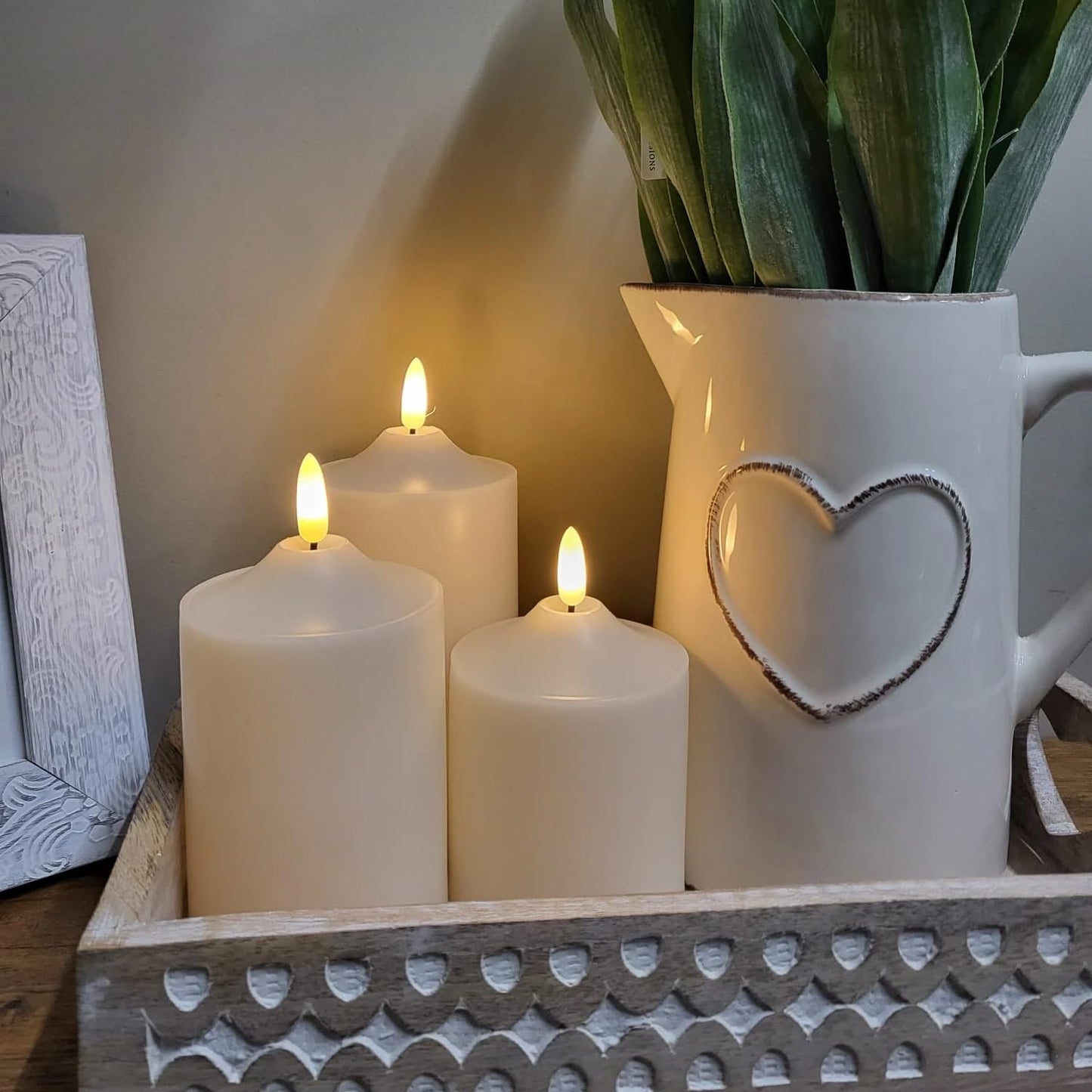 EYUVAA 3D Flameless LED Pillar Candles| Realistic Flameless and Flickering Effect Candle| Battery Operated Decorative Candles for Home Décor, Weddings, Diwali & Pooja Decoration (Set of 3)