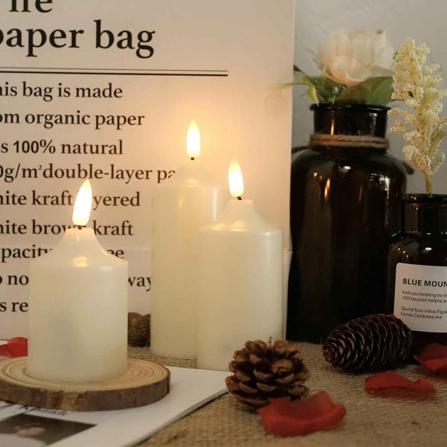 EYUVAA 3D Flameless LED Pillar Candles| Realistic Flameless and Flickering Effect Candle| Battery Operated Decorative Candles for Home Décor, Weddings, Diwali & Pooja Decoration (Set of 3)