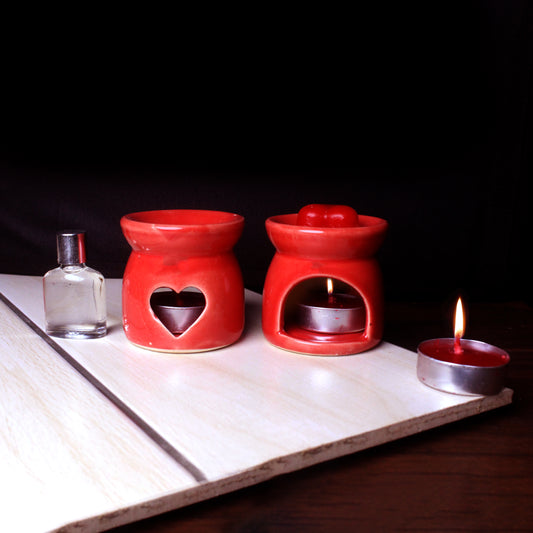 Combo Pack Red Ceramic Aroma Fragrance Oil Diffuser With Tealight Candle For Home Decor (Red)