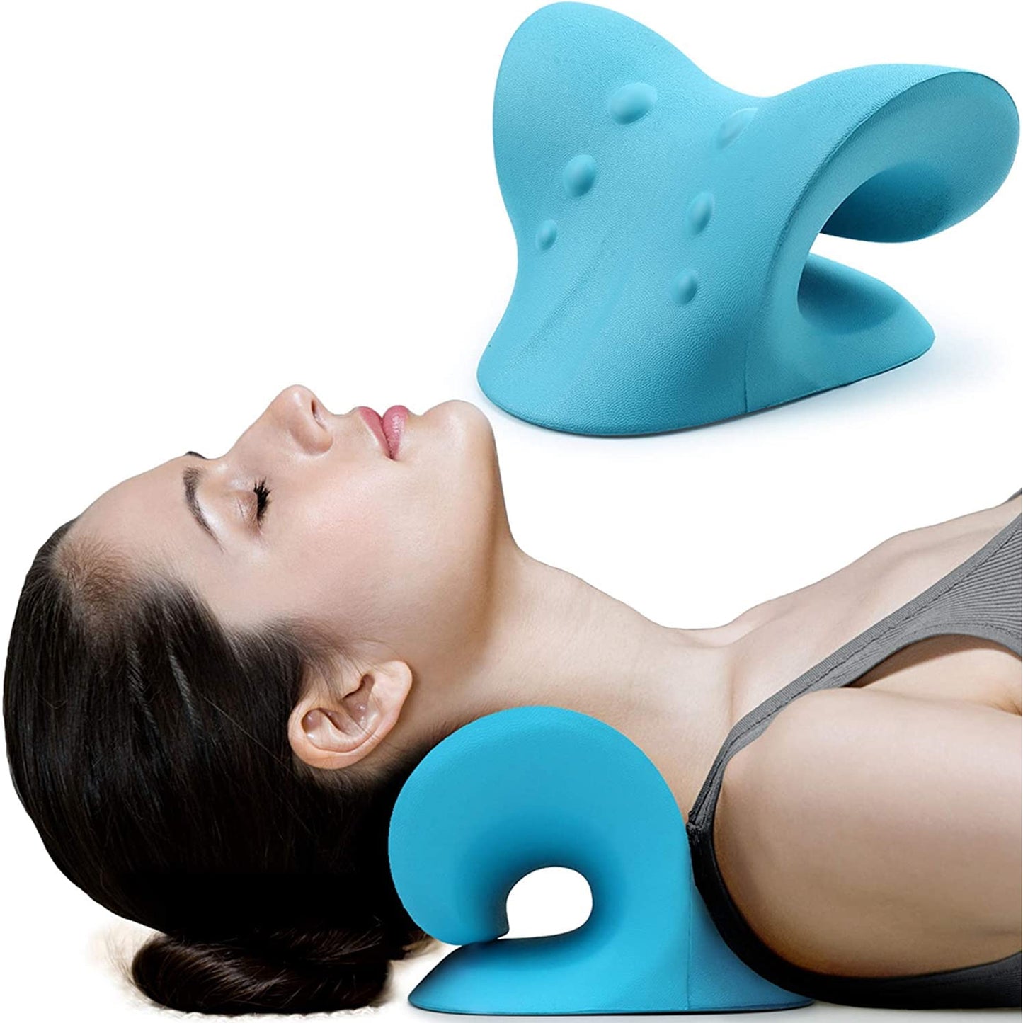 Neck and Shoulder Relaxer Device for Pain Relief, Cervical Traction Pillow Neck Stretcher (Blue)