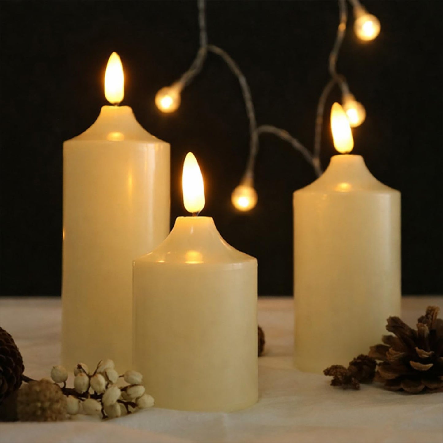 EYUVAA 3D Flameless LED Pillar Candles| Realistic Flameless and Flickering Effect Candle| Battery Operated Decorative Candles for Home Décor, Weddings, Diwali & Pooja Decoration (Set of 3)