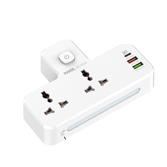 EYUVAA Extension Power Strip Board 1 TPYE-C PD QC 3.0 + 2 USB-A Ports + 2 Power Socket Outlets & Touch Light Lamp Wall Charger Adapter Extension Cord for Home, Office, Travelling, Indoor & Outdoor