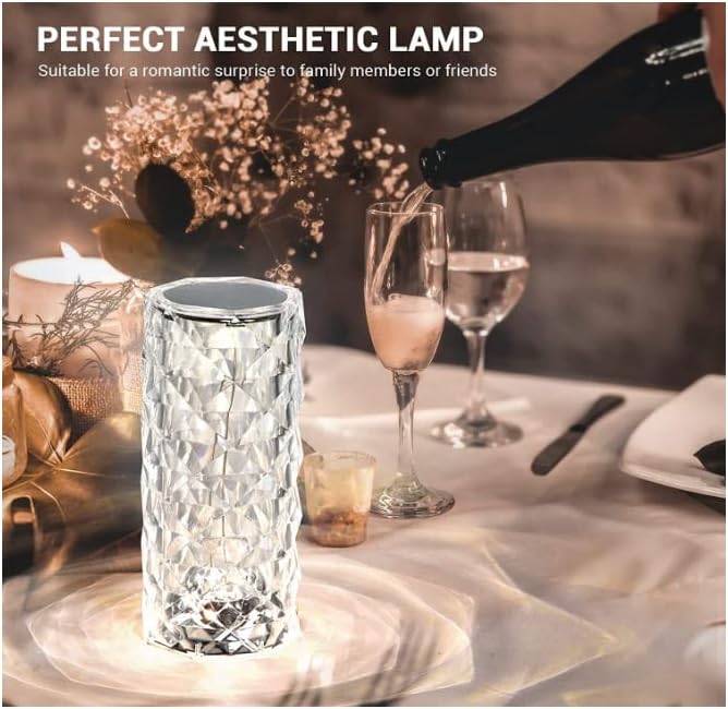 Crystal Lamp 16 Color Changing Rose Crystal Diamond Table Lamp, USB Rechargeable Touch Control Bedside Lamp Night Light with Remote Control, for Bedroom Living Room, Bedroom, Party, Dinner Decor.