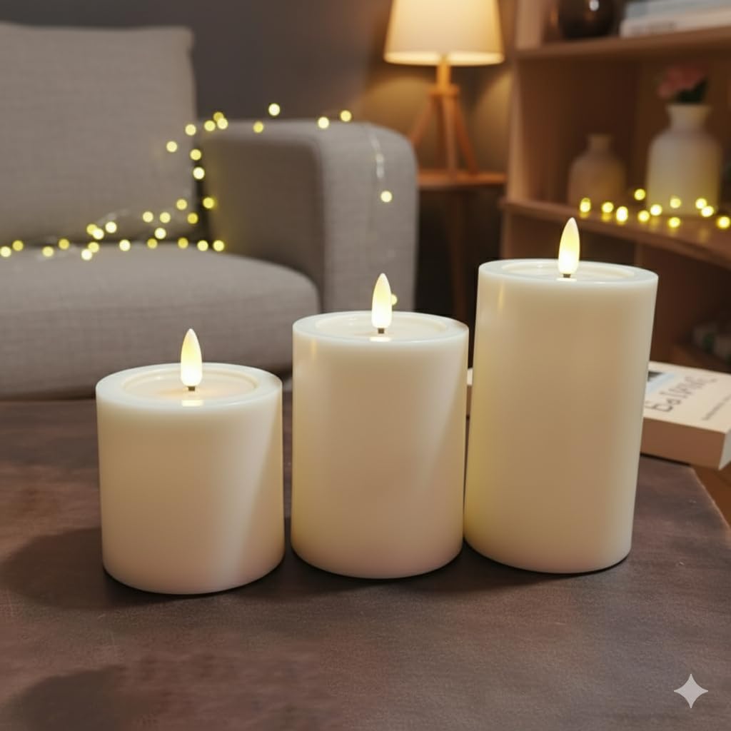 EYUVAA Flameless LED Pillar Candles, Battery Operated, Realistic Flickering Flame, 3” Diameter, Heights 4”, 5”, 6”, Smokeless LED Candles for Home Décor, Weddings and Diwali Decoratio (Set of 3)