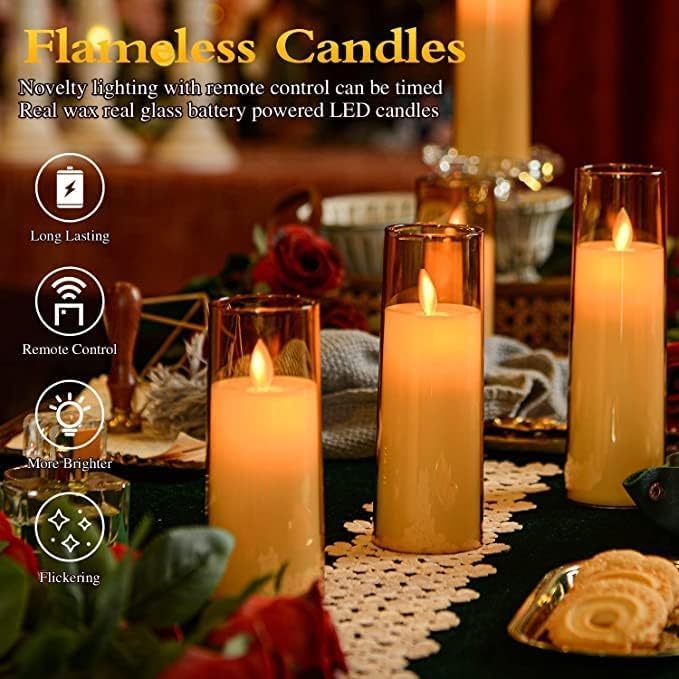EYUVAA Set of 3 Flameless LED Pillar Candles with Remote Control, Acrylic Glass Holders Flickering Moving Flame, Battery Operated, Smokeless Decorative Candles Gift for Home, Wedding, Diwali