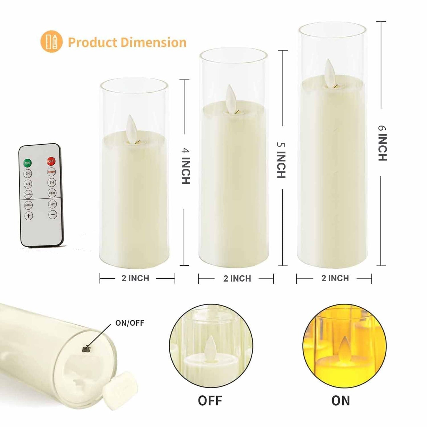 EYUVAA Set of 3 Flameless LED Pillar Candles with Remote Control, Acrylic Glass Holders Flickering Moving Flame, Battery Operated, Smokeless Decorative Candles Gift for Home, Wedding, Diwali