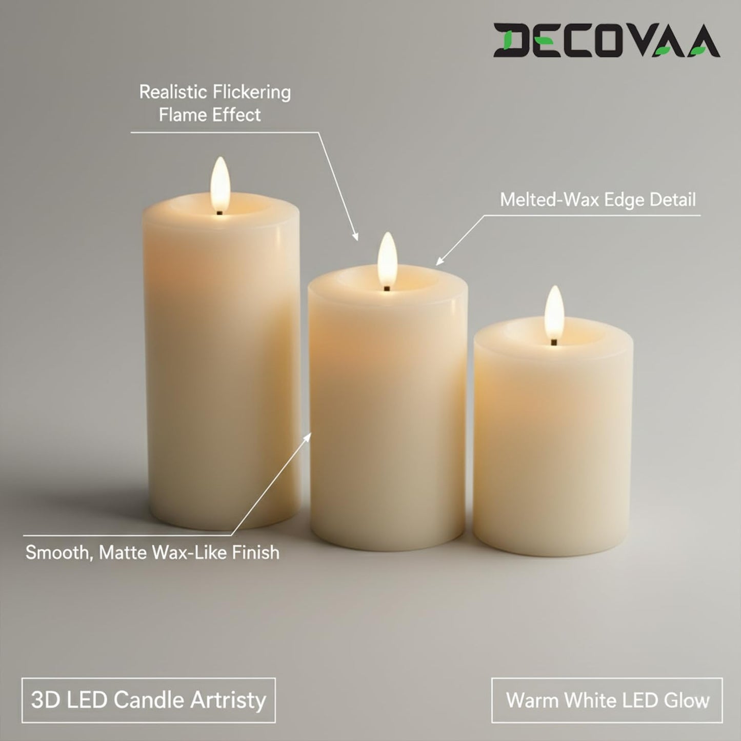 DECOVAA Real Wax Flameless LED Pillar Candles Set of 3 with 3D Flickering Wick, Battery Operated Decorative Candles 4", 5", 6" Height, 3" Diameter Candle Light for Home Decor, Diwali Decoration Items