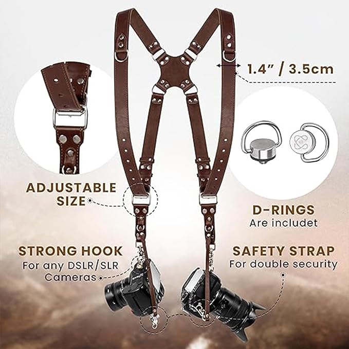 CHAMPKIA Camera Strap Accessories for Two-Cameras | Dual Shoulder Leather Belt Strap | Multi Camera Strap for DSLR/SLR