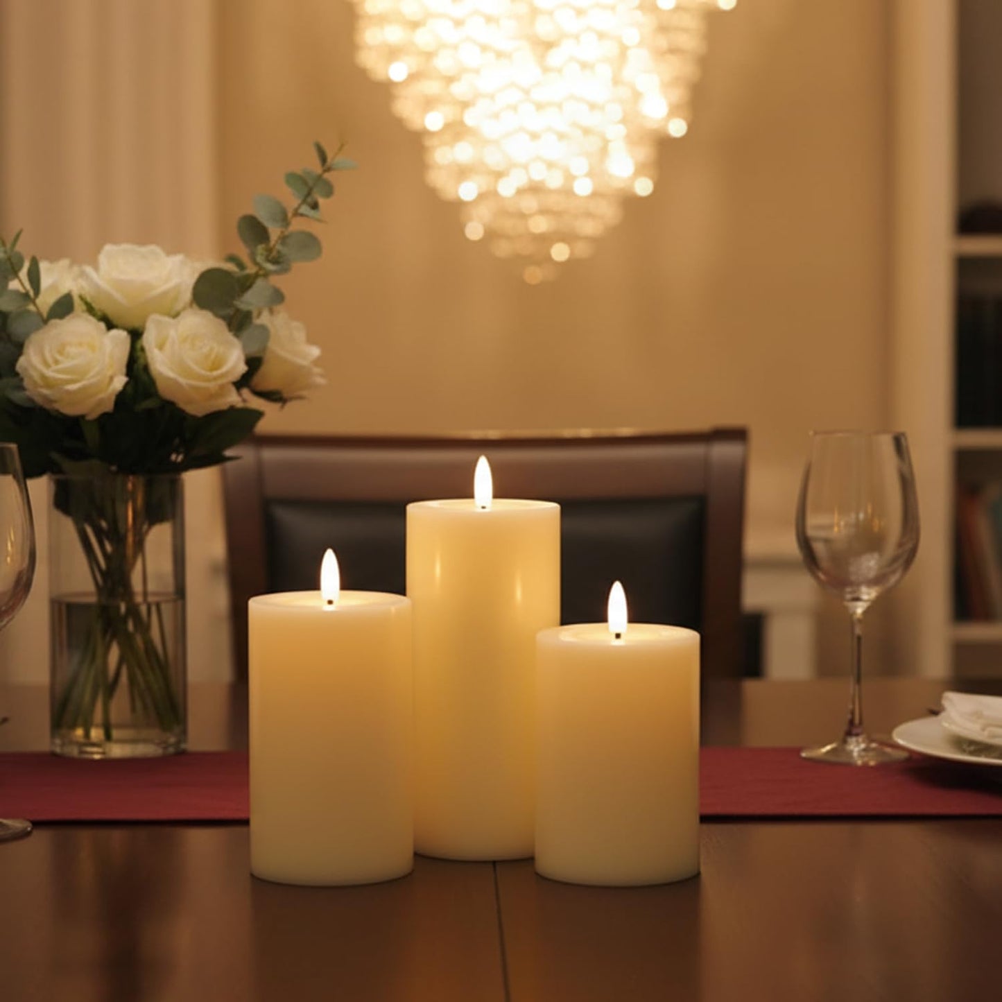 EYUVAA Flameless LED Pillar Candles, Battery Operated, Realistic Flickering Flame, 3” Diameter, Heights 4”, 5”, 6”, Smokeless LED Candles for Home Décor, Weddings and Diwali Decoratio (Set of 3)