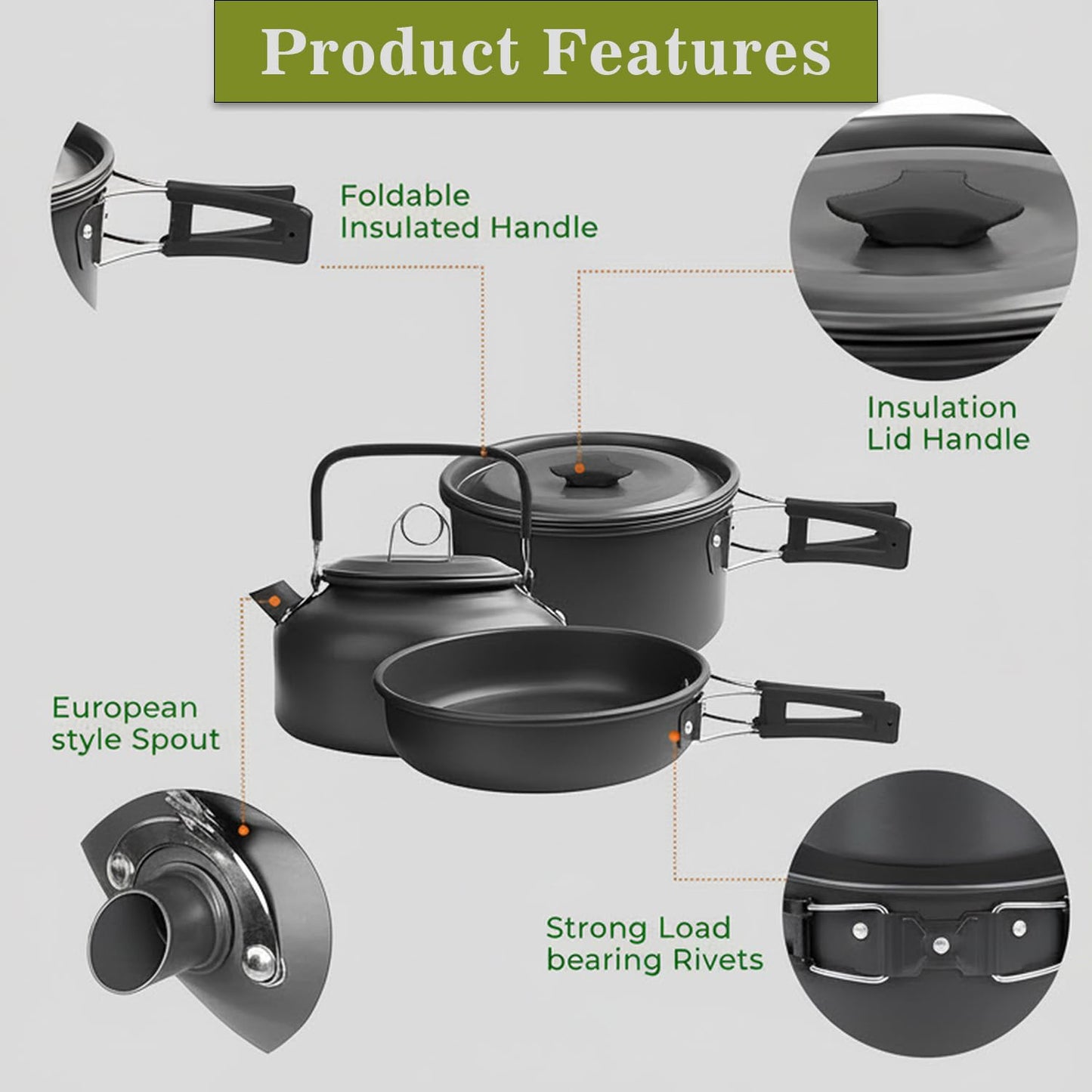 EYUVAA Camping Cookware Set, Lightweight Portable Outdoor Cooking Set with Pot, Pan, Kettle, Bowls & Utensils, Non-Stick Aluminium Camping Kitchen Set for Hiking,Trekking, Picnic & Travel