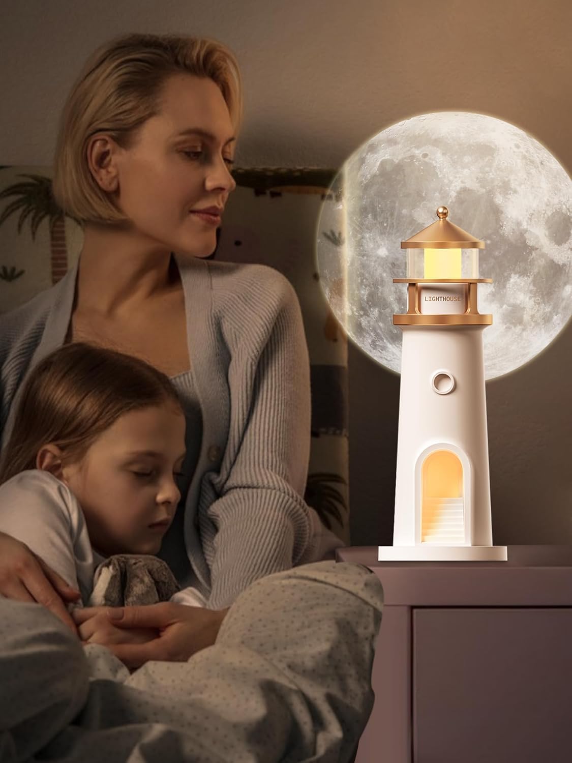 EYUVAA LABEL Lighthouse Night Lights with Full Moon Projector Night Light, Rechargeable LED Aesthetic Table Lamp Lighthouse Decor Light for Bedroom, Kids Room