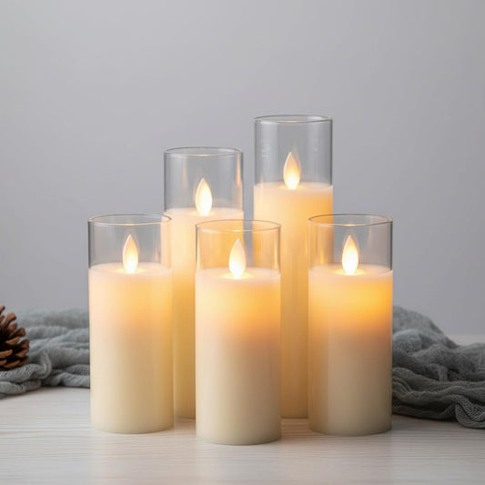 EYUVAA Flickering LED Flameless Candles, Battery Operated Acrylic Glass Candle Set, Moving Wick Candle for Home Décor, Wedding, Party, Diwali Decoration (Set of 5)