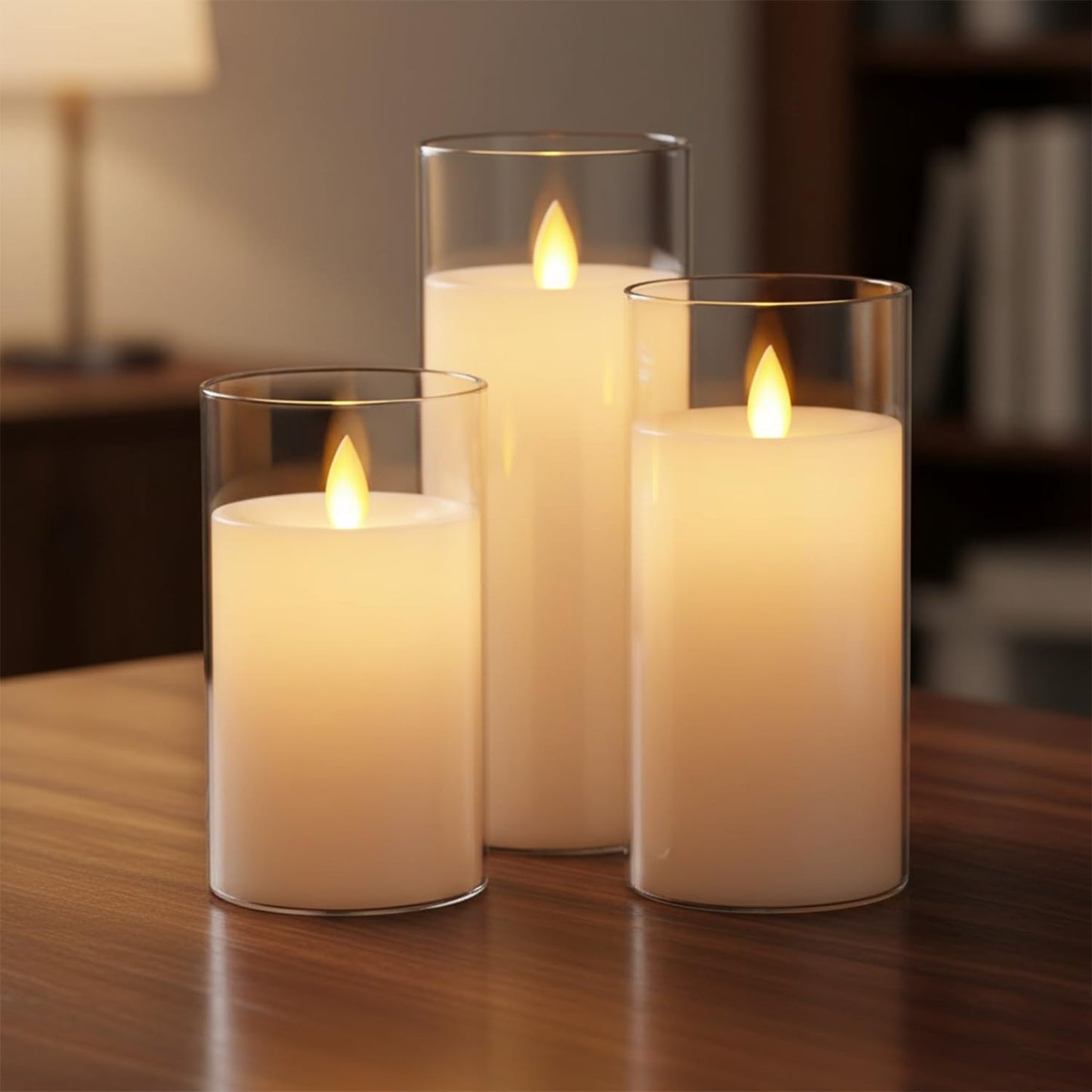 EYUVAA Flameless LED Pillar Candles Set of 3, Battery Operated Acrylic Glass Candles, Real Wax Look, Flickering LED Flame Light, Perfect for Home, Festive, Wedding, Diwali, and Party Decor