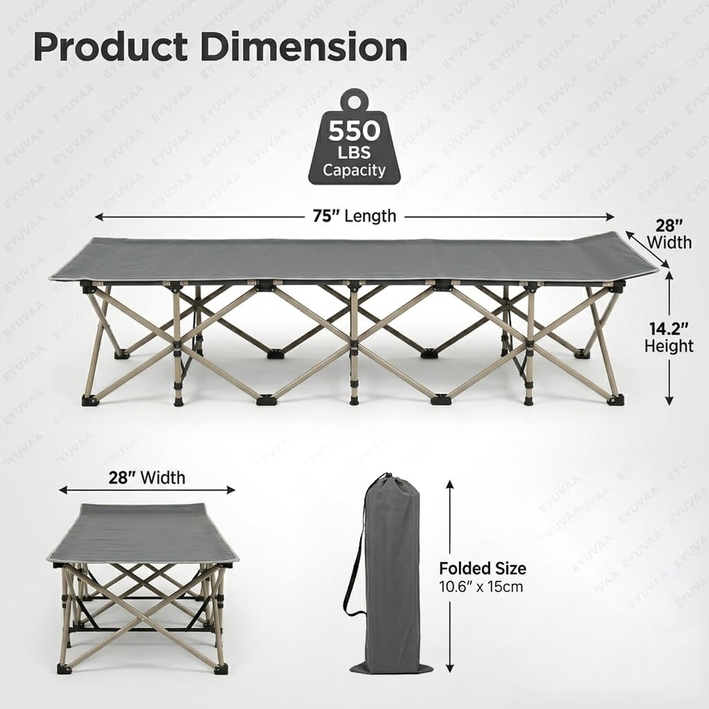 EYUVAA  Camping Bed for Adults, 75 Inch Folding Bed with Carry Bag, Portable Camping Cot, Heavy Duty Steel Frame, Foldable Sleeping Cot for Camping, Travel, Trekking, Home & Office Use