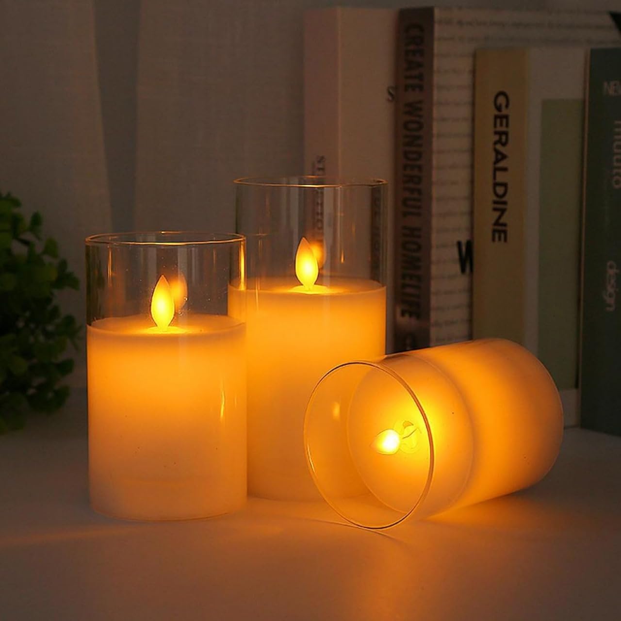 EYUVAA Flameless LED Pillar Candles Set of 3, Battery Operated Acrylic Glass Candles, Real Wax Look, Flickering LED Flame Light, Perfect for Home, Festive, Wedding, Diwali, and Party Decor