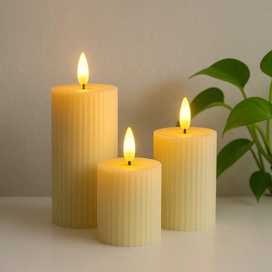 EYUVAA LED Pillar Candle with Flickering Effect | Set of 3 Realistic Flameless Candle, Battery Operated Light for Home Decor, Weddings, Parties, Festivals Decoration