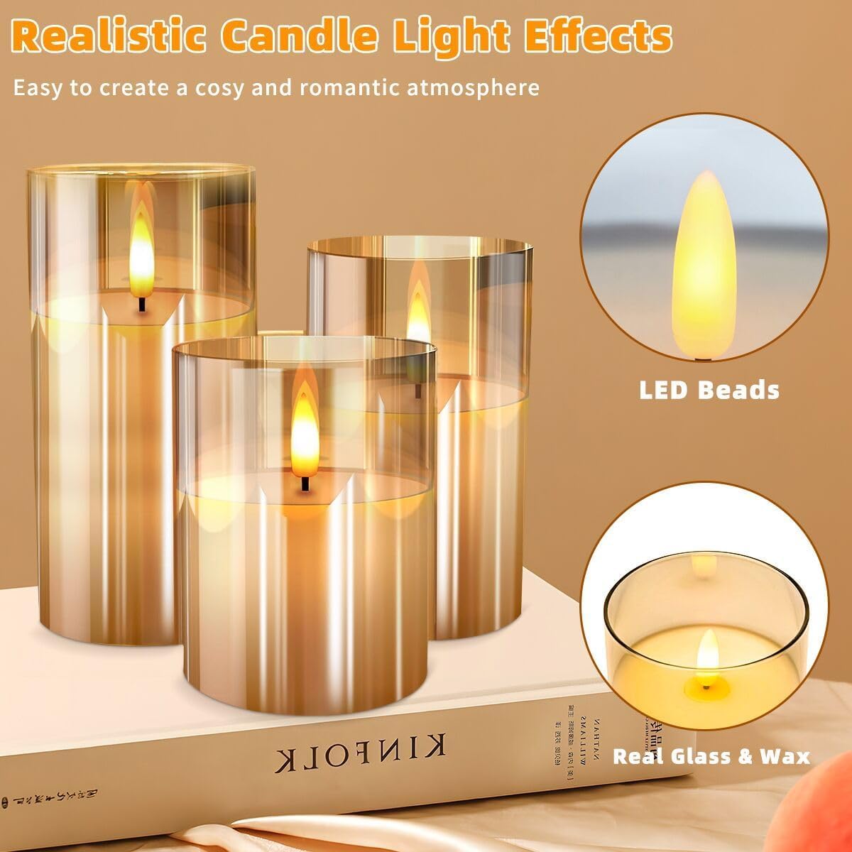 EYUVAA Flameless LED Pillar Candles Set of 3, Battery Operated Acrylic Glass Candles, Real Wax Look, Flickering LED Flame Light, Perfect for Home, Festive, Wedding, Diwali, and Party Decor