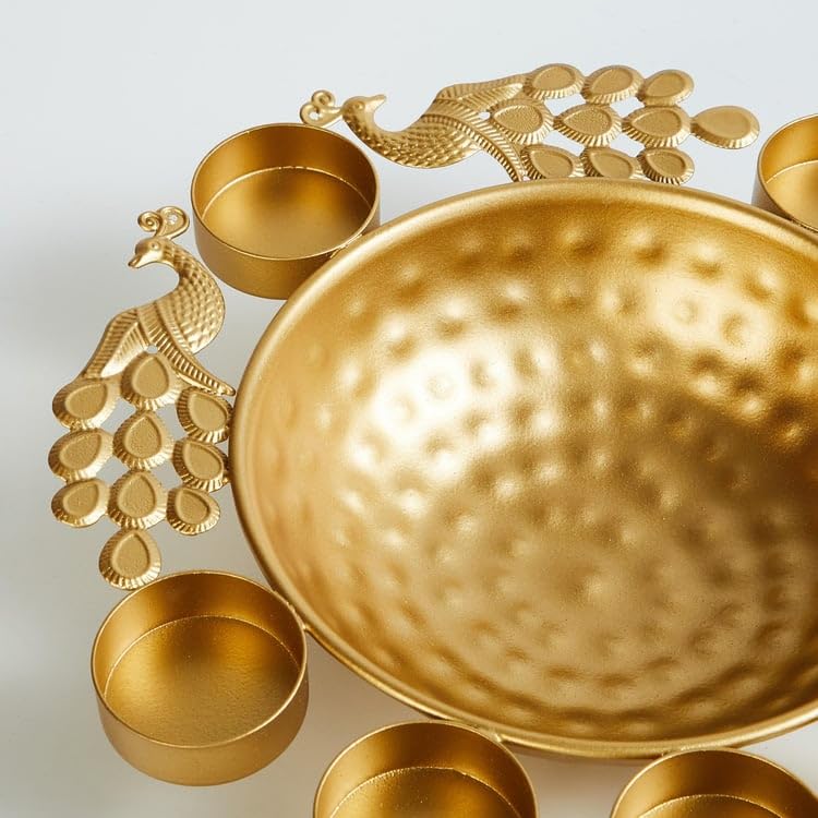 EYUVAA Peacock Urli With Tealight Holder| Diya Decorative Bowl for Floating Candles and Flowers, Home Décor, Weddings, Diwali Celebration