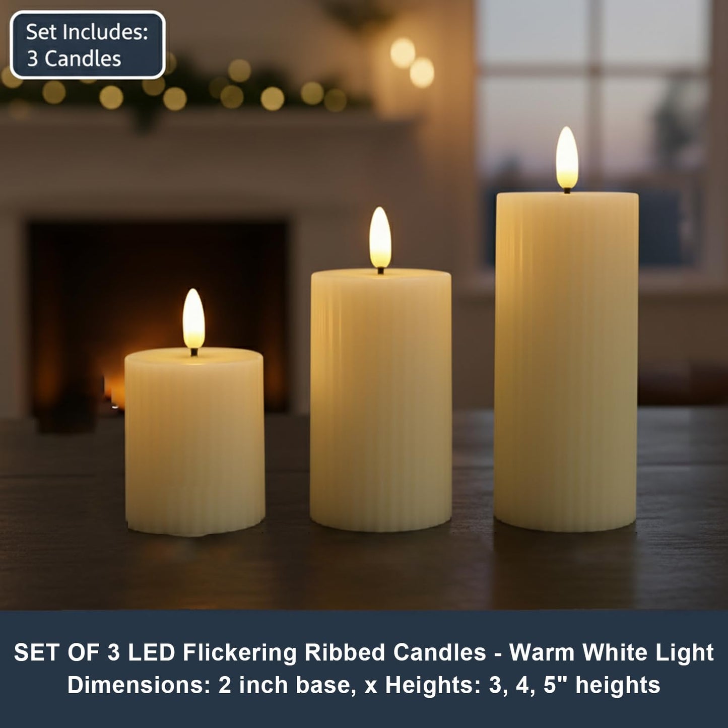 EYUVAA LED Pillar Candle with Flickering Effect | Set of 3 Realistic Flameless Candle, Battery Operated Light for Home Decor, Weddings, Parties, Festivals Decoration