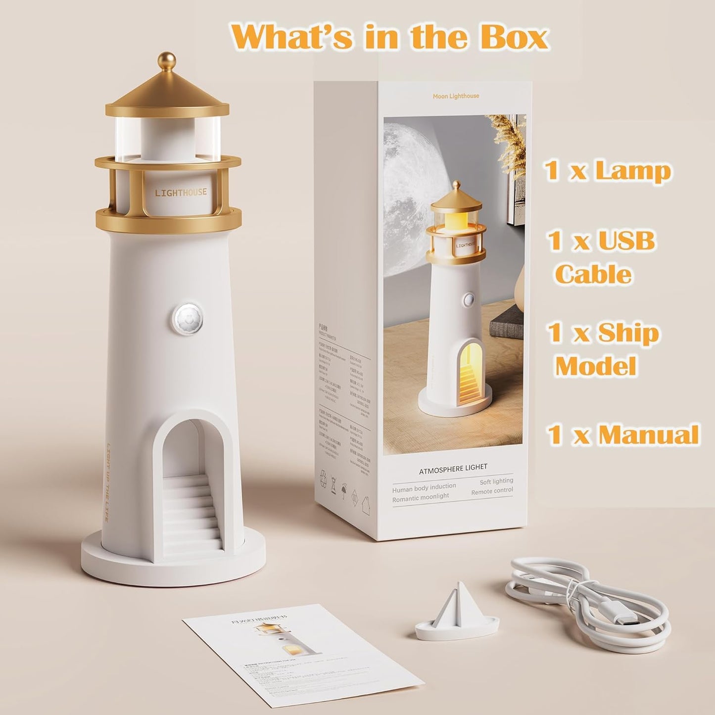 EYUVAA LABEL Lighthouse Night Lights with Full Moon Projector Night Light, Rechargeable LED Aesthetic Table Lamp Lighthouse Decor Light for Bedroom, Kids Room