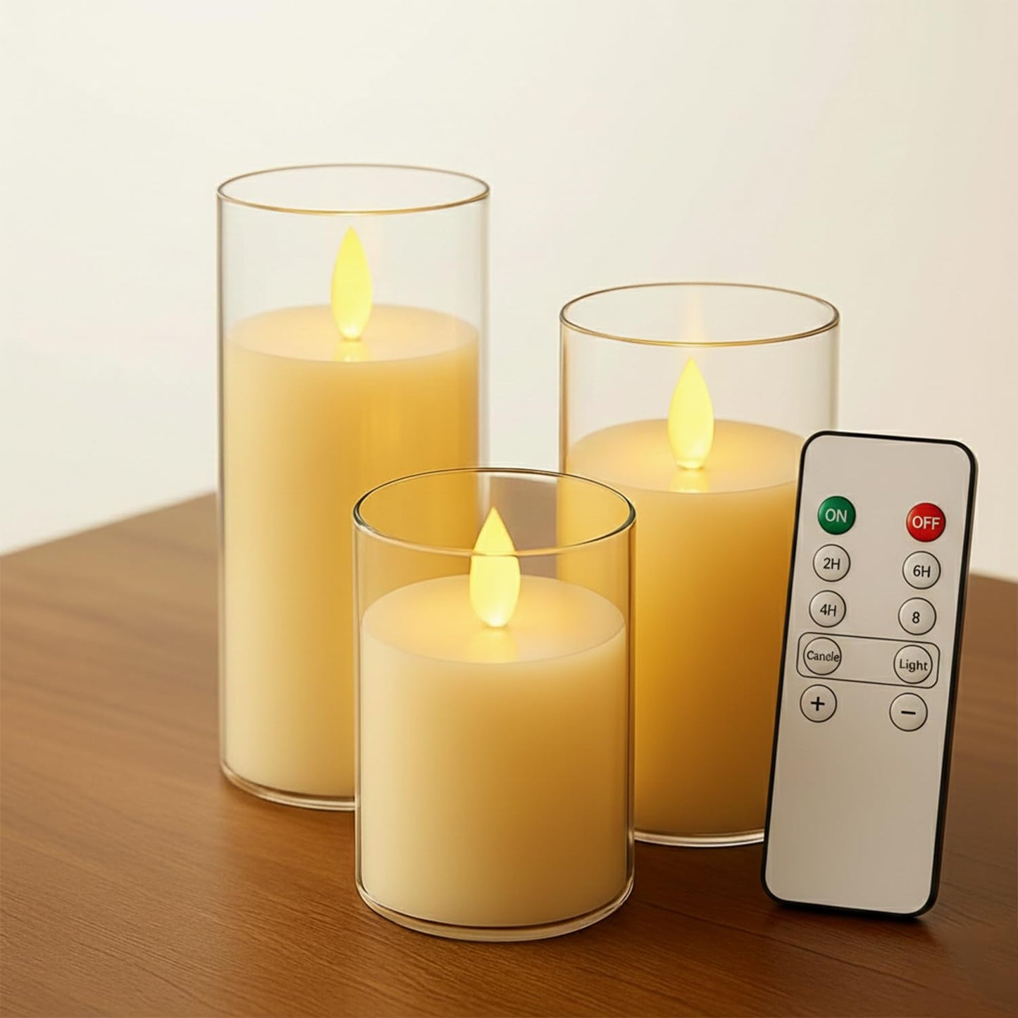 EYUVAA Set of 3 Flameless LED Pillar Candles with Remote Control, Acrylic Glass Holders Flickering Moving Flame, Battery Operated, Smokeless Decorative Candles Gift for Home, Wedding, Diwali