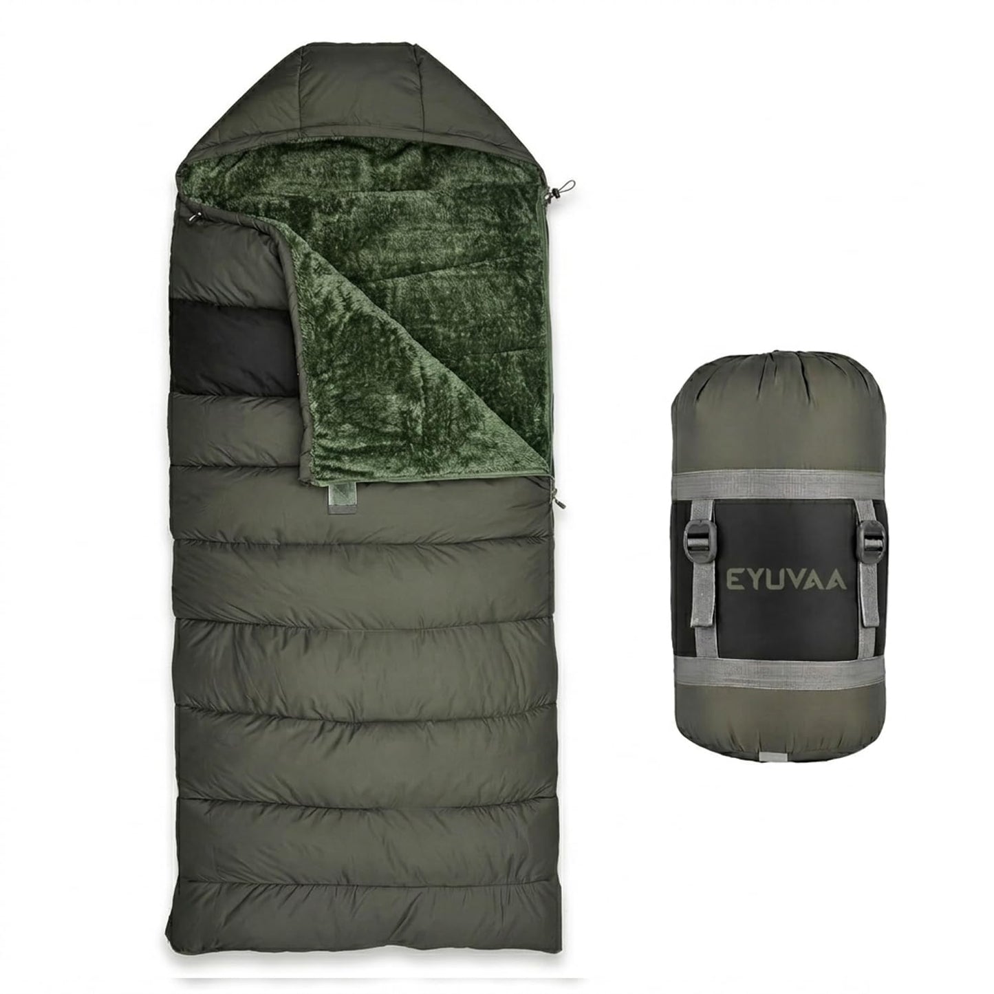 EYUVAA Camping Sleeping Bag -5°C to +5°C, Rectangle Shape Winter Sleeping Bag with Faux Fur, Fits Up to 7.2 ft, Lightweight & Compact for Trekking, Hiking & Travel