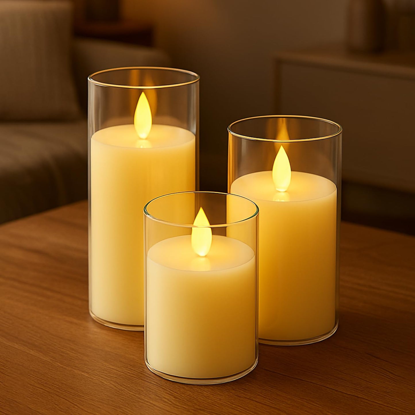 EYUVAA Flameless LED Pillar Candles Set of 3, Battery Operated Acrylic Glass Candles, Real Wax Look, Flickering LED Flame Light, Perfect for Home, Festive, Wedding, Diwali, and Party Decor
