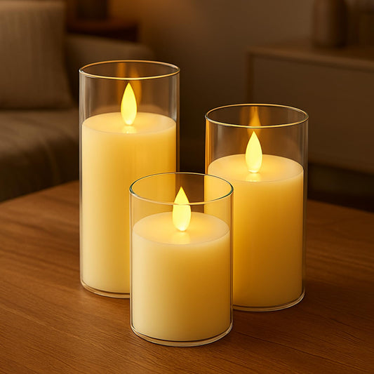 EYUVAA Flameless LED Pillar Candles Set of 3, Battery Operated Acrylic Glass Candles, Real Wax Look, Flickering LED Flame Light, Perfect for Home, Festive, Wedding, Diwali, and Party Decor