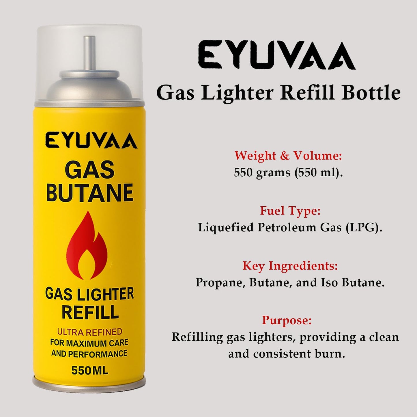 EYUVAA Aluminium Gas Lighter Refill Can| Long Nozzle Butane Fuel for Lighters, Torches, Outdoor, Candle & Other Gas Lighters Equipment