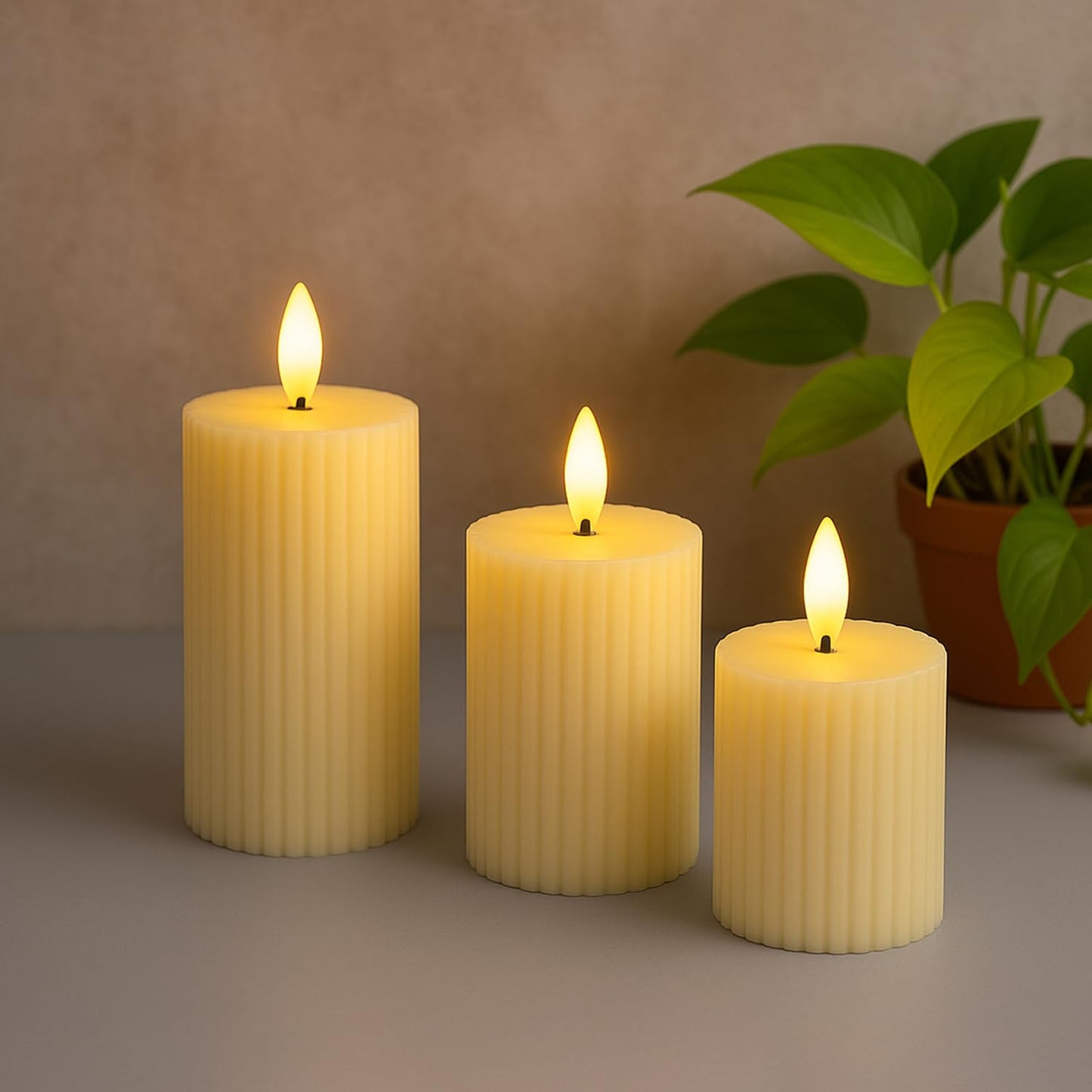 EYUVAA LED Pillar Candle with Flickering Effect | Set of 3 Realistic Flameless Candle, Battery Operated Light for Home Decor, Weddings, Parties, Festivals Decoration