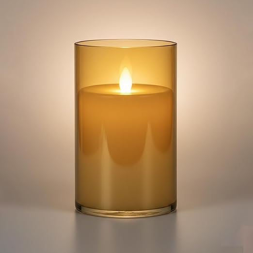 EYUVAA Flameless LED Pillar Candles, Battery Operated Acrylic Glass Candle, Realistic Flickering LED Flame Lights for Home Decor, Diwali, Wedding & Festivals(Golden)