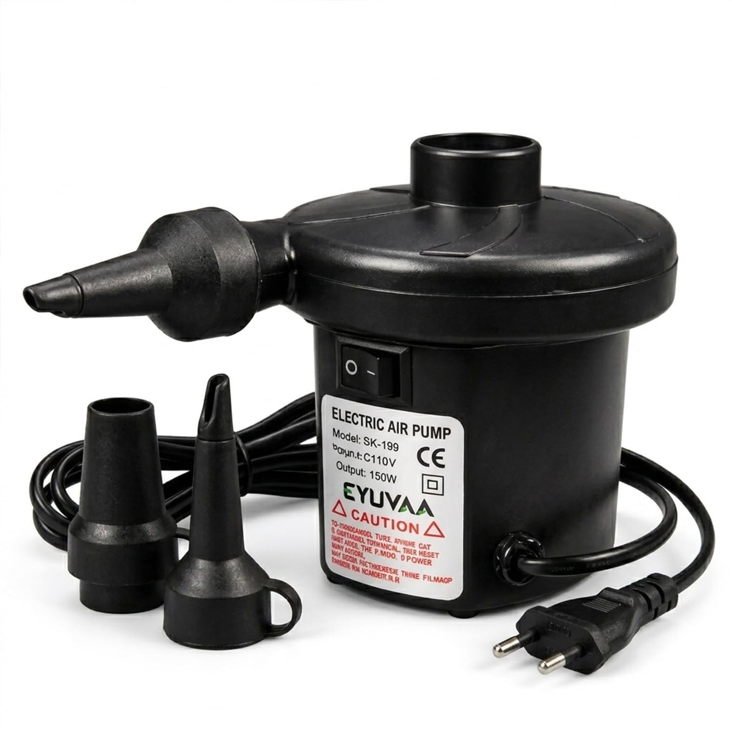 EYUVAA Electric Air Pump for Inflatables, High Power AC 230V Inflator Deflator with 3 Nozzles, Portable Air Blower for Air Bed, Swimming Pool, Float, Sofa, Boat, Camping & Outdoor Use