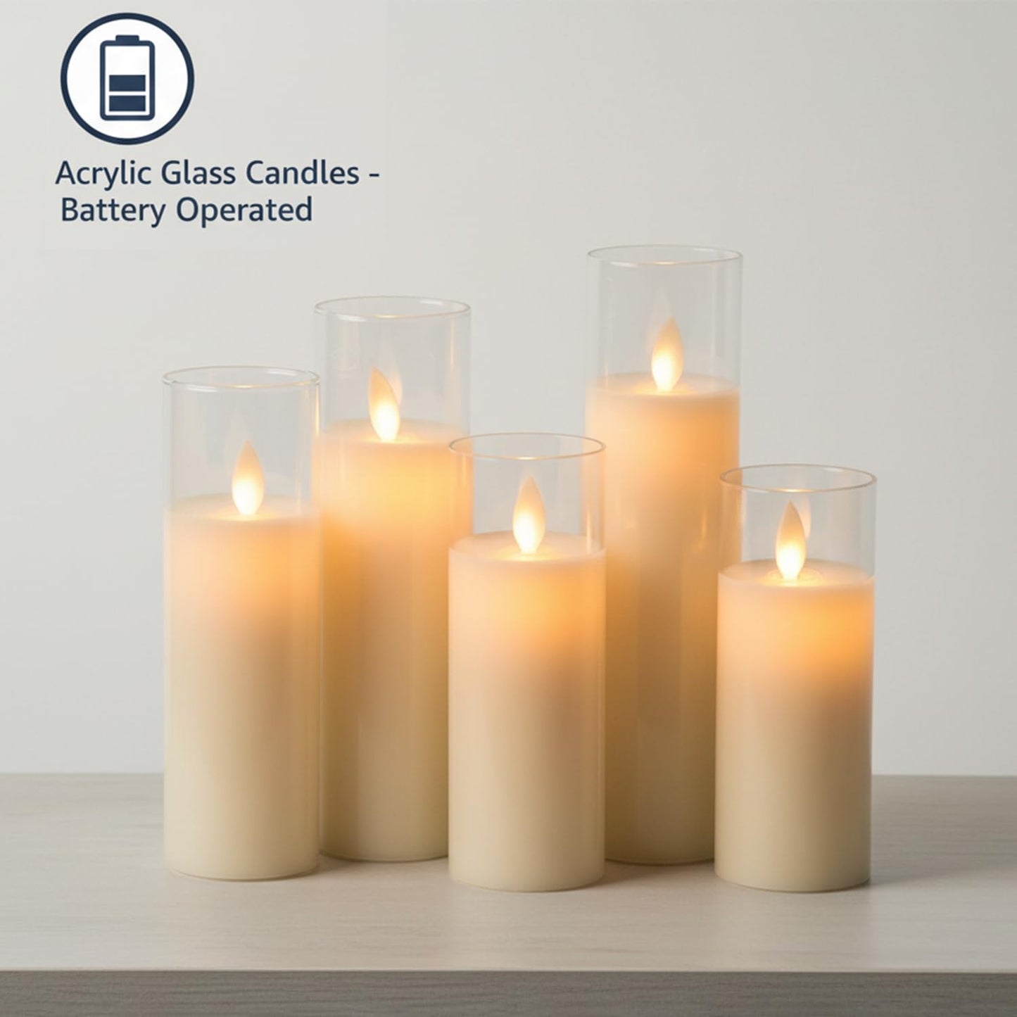 EYUVAA Flickering LED Flameless Candles, Battery Operated Acrylic Glass Candle Set, Moving Wick Candle for Home Décor, Wedding, Party, Diwali Decoration (Set of 5)