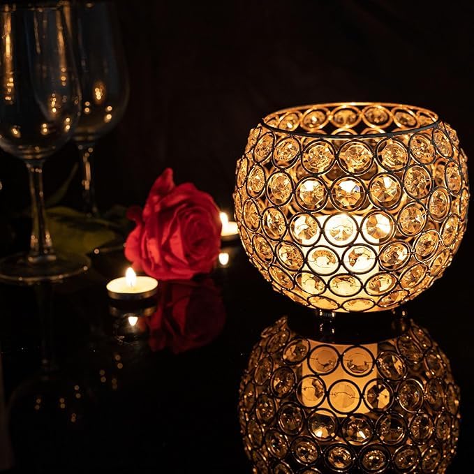EYUVAA Luxurious Crystal Tea Light Candle Holder, Elegant Gold Accents, Diamond Candle Holders for Home Décor, Weddings, Diwali, Special Occasions and Enchanting Candlelight Displays