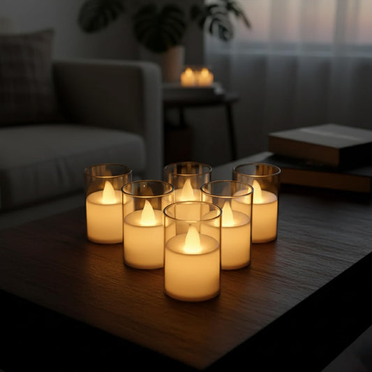 EYUVAA Smokeless LED Tealight Candles with Transparent Glass Holder, Battery Operated Pillar Candle Decorative Lights for Home Décor, Festivals, Diwali and Gifting (Warm White)