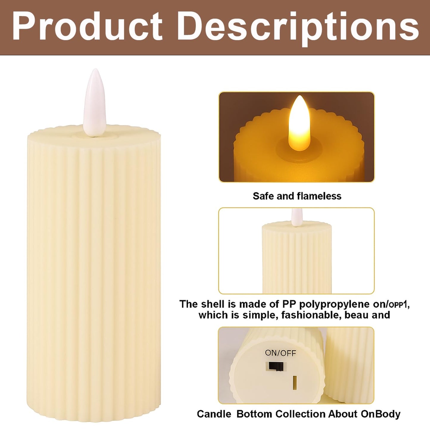 EYUVAA LED Pillar Candle with Flickering Effect | Set of 3 Realistic Flameless Candle, Battery Operated Light for Home Decor, Weddings, Parties, Festivals Decoration