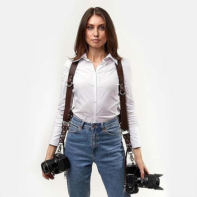 CHAMPKIA Camera Strap Accessories for Two-Cameras | Dual Shoulder Leather Belt Strap | Multi Camera Strap for DSLR/SLR