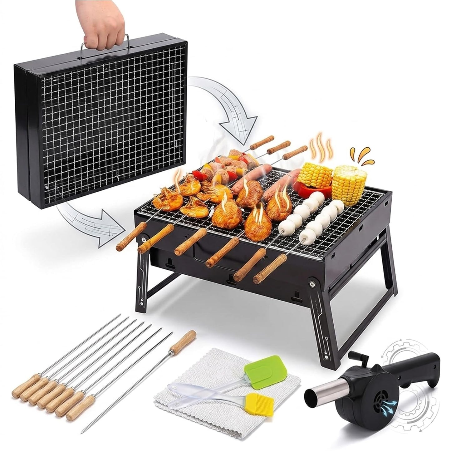 EYUVAA Portable Charcoal BBQ Grill Set with 8 Skewers, Spatula, Oil Brush & Air Blower| Foldable Heavy Duty Barbecue Grill for Camping, Picnic, Terrace, Garden & Outdoor Cooking