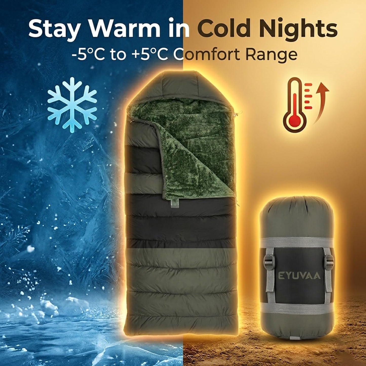 EYUVAA Camping Sleeping Bag -5°C to +5°C, Rectangle Shape Winter Sleeping Bag with Faux Fur, Fits Up to 7.2 ft, Lightweight & Compact for Trekking, Hiking & Travel
