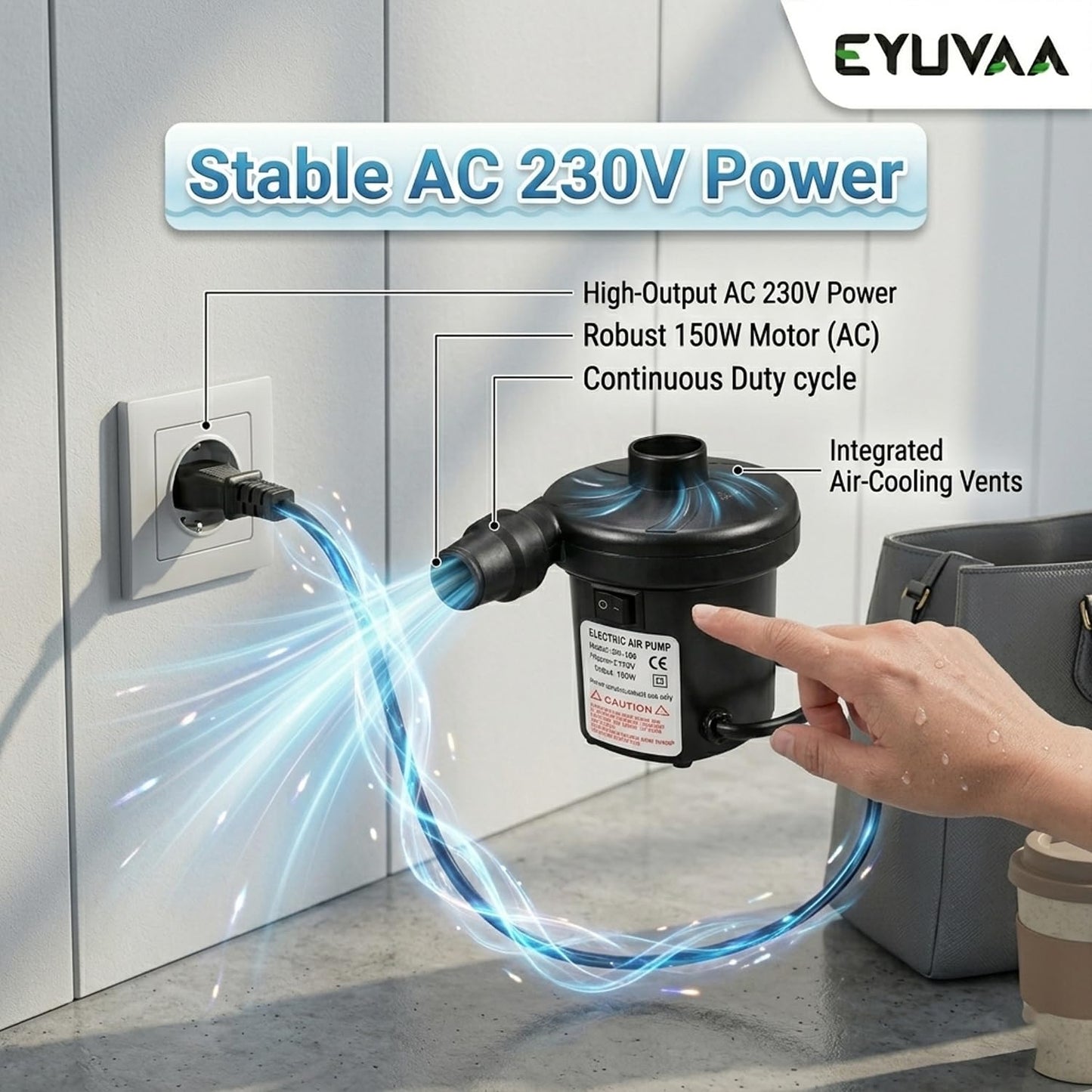 EYUVAA Electric Air Pump for Inflatables, High Power AC 230V Inflator Deflator with 3 Nozzles, Portable Air Blower for Air Bed, Swimming Pool, Float, Sofa, Boat, Camping & Outdoor Use