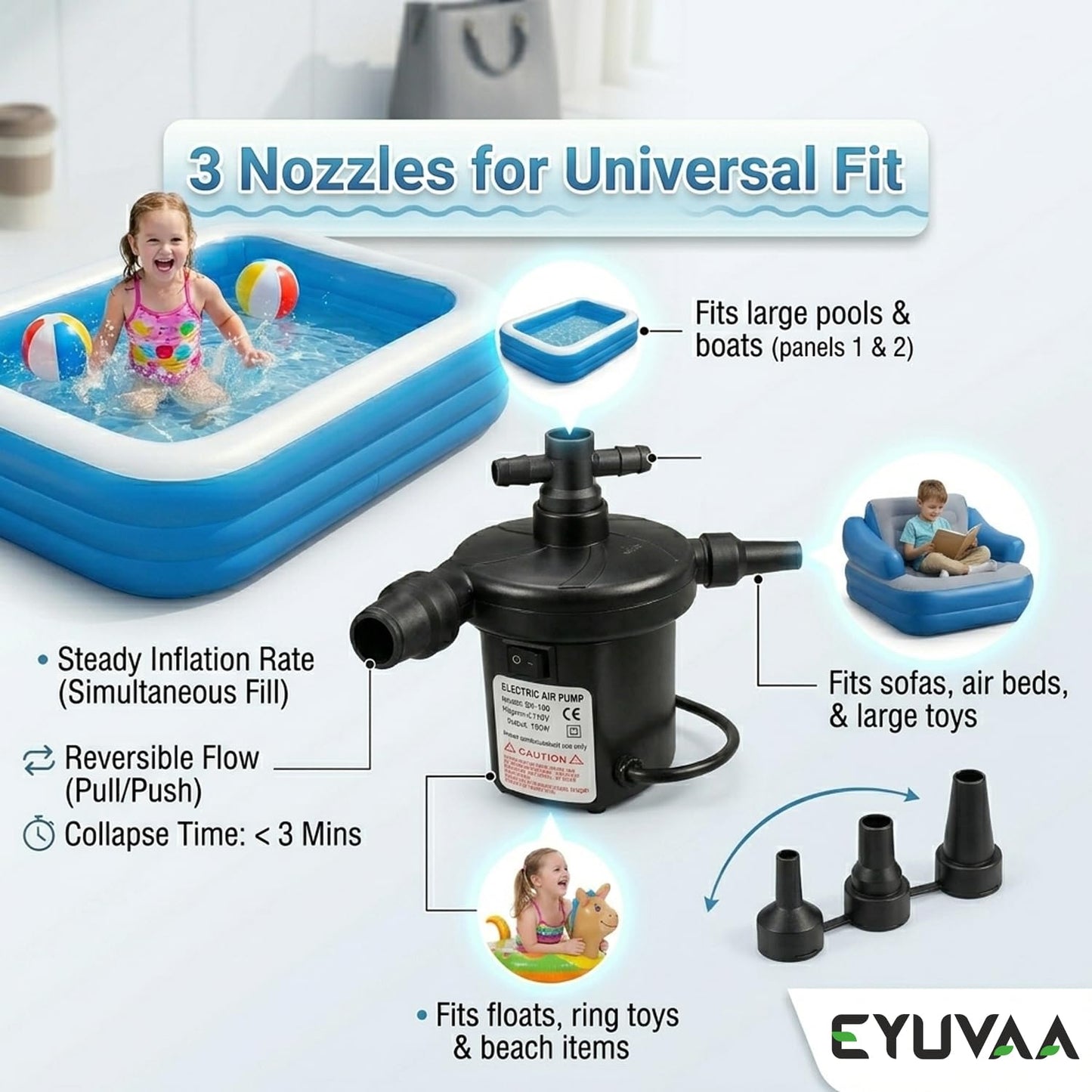 EYUVAA Electric Air Pump for Inflatables, High Power AC 230V Inflator Deflator with 3 Nozzles, Portable Air Blower for Air Bed, Swimming Pool, Float, Sofa, Boat, Camping & Outdoor Use