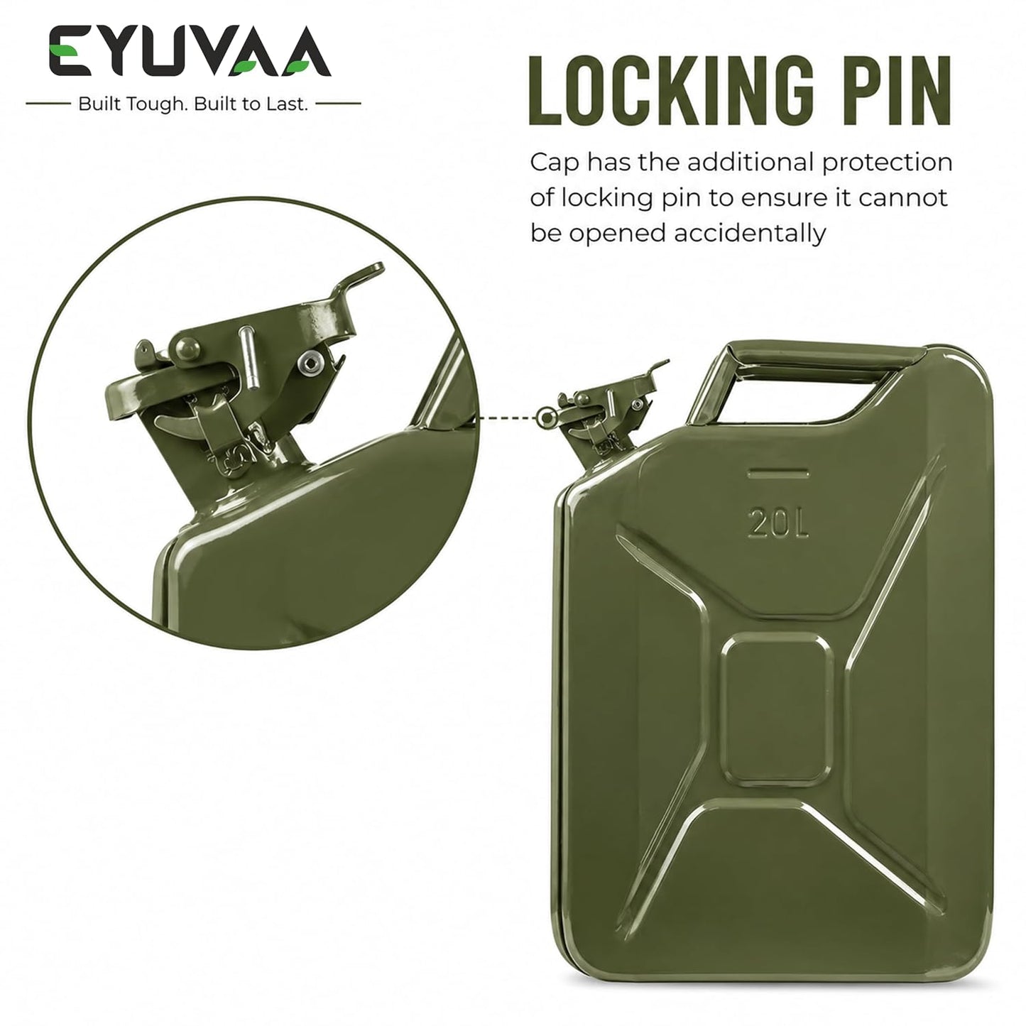 EYUVAA 20L Metal Jerry Can, Heavy Duty Metal Fuel Storage Container for Petrol, Diesel, Kerosene & Motor Oil, Leakproof Locking Cap, Military Style Rust Resistant Portable Fuel Can, Olive Green