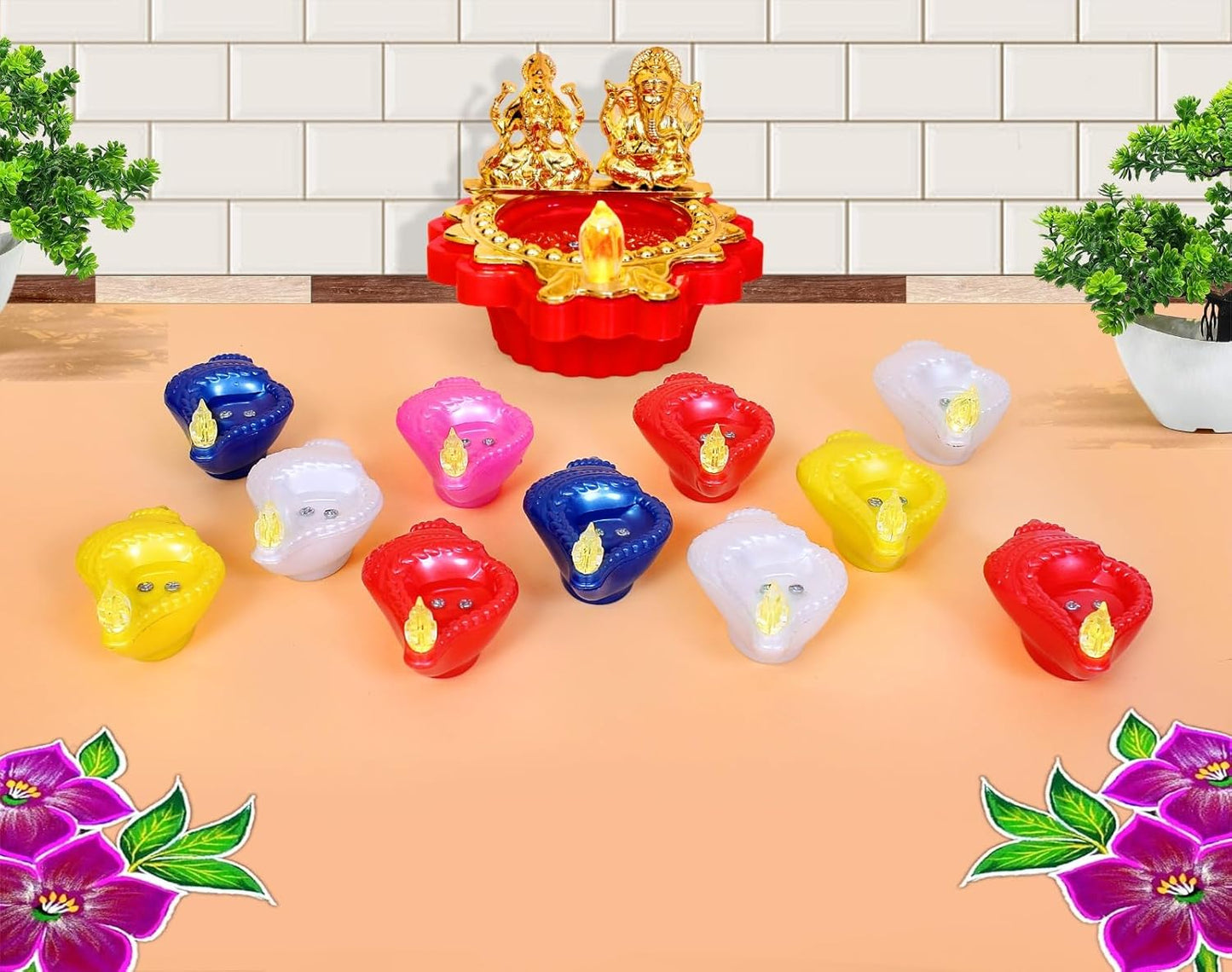 EYUVAA Laxmi Ganesh Water Sensor Diya, Flameless & Smokeless Decorative LED Candle, Diwali Diyas, Water-Activated Flameless LED Diya for Pooja, Temple and Home Décor