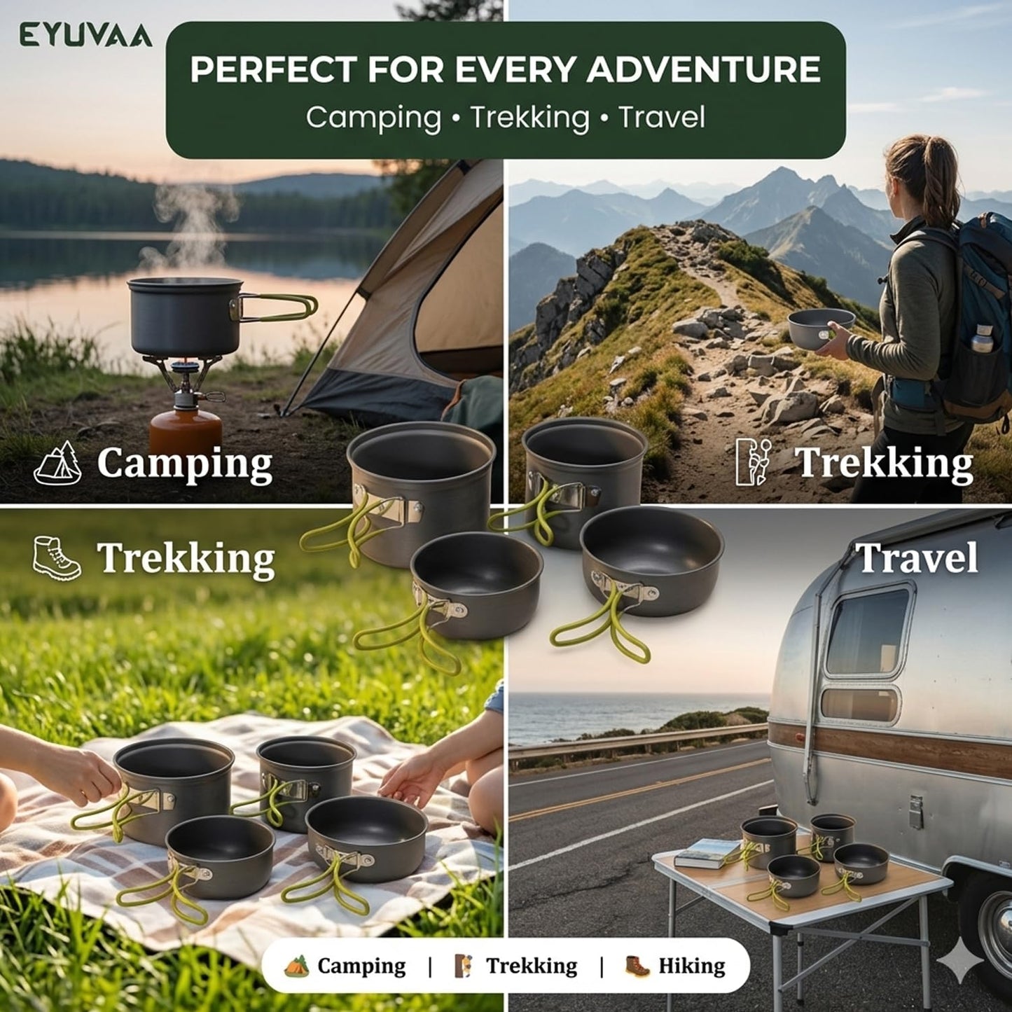 EYUVAA  Camping Cookware Set 4 Pcs, Portable Steel Cooking Pot Set, Lightweight Outdoor Cooking Kit for Camping, Hiking, Trekking, Picnic, Backpacking & Travel Kitchen Essentials