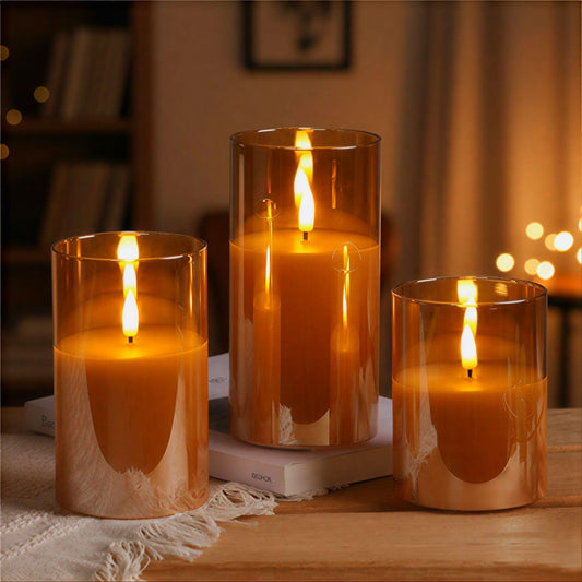EYUVAA Set of 3 LED Pillar Candles with Acrylic Glass Holders, Realistic Flickering Flame, Battery Operated Decorative Candle for Home, Wedding, Diwali Décor (Acrylic Golden Glass Candle)