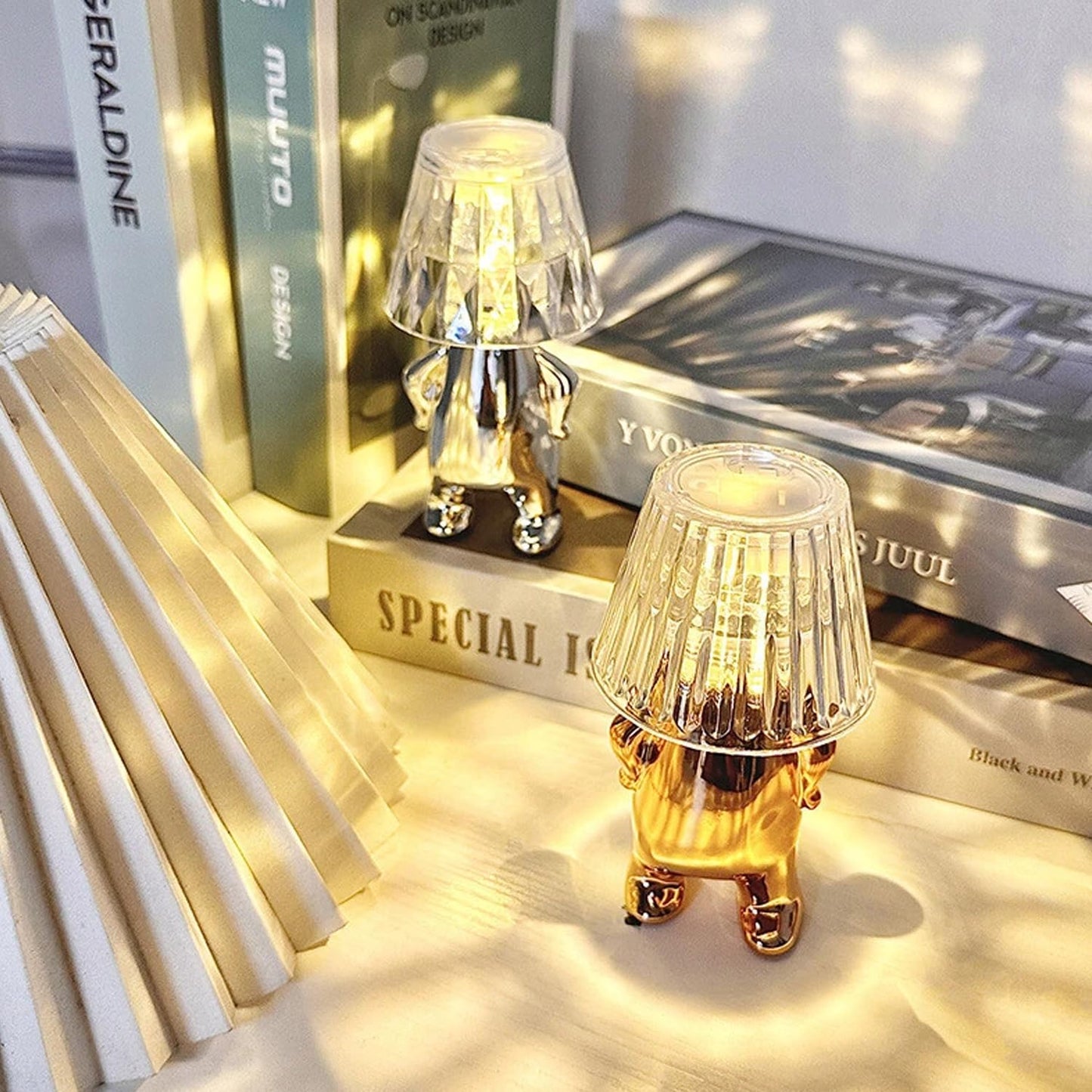 DECOVAA Mini Golden Man LED Table Lamp Pack of 2| Battery Operated Decorative Night Light| Flameless LED Candle Lamp for Bedroom, Living Room & Pooja Room & Gift Items (Random Shape)