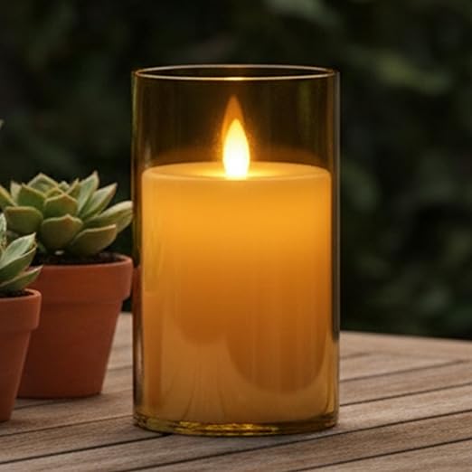 EYUVAA Flameless LED Pillar Candles, Battery Operated Acrylic Glass Candle, Realistic Flickering LED Flame Lights for Home Decor, Diwali, Wedding & Festivals(Golden)